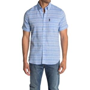 BEN SHERMAN Short Sleeve Stripe Print Linen Regular Fit Shirt, Blue/White, Small